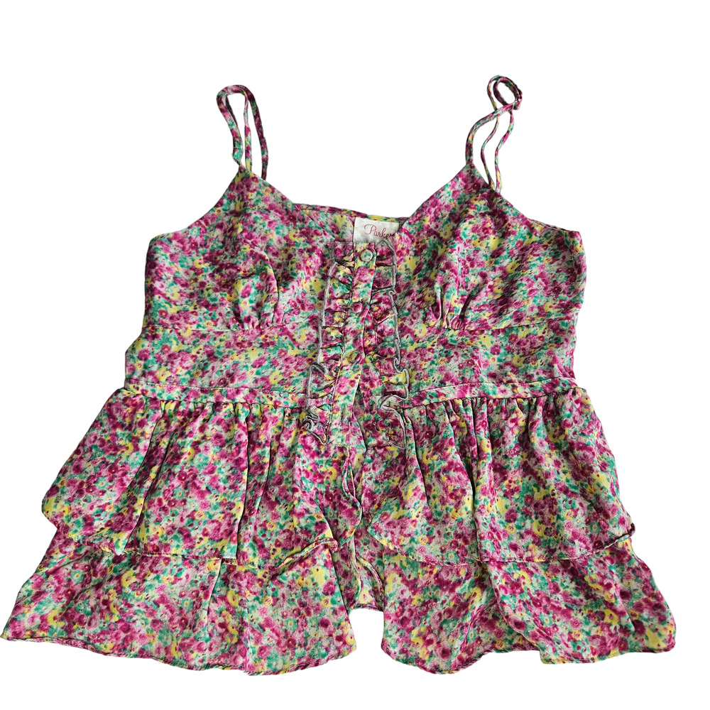 Parker Silk Floral Tiered Ruffle Spaghetti Strap Tank Top